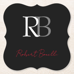 Plain Modern Black Red Monogrammed Initials Name Paper Coaster