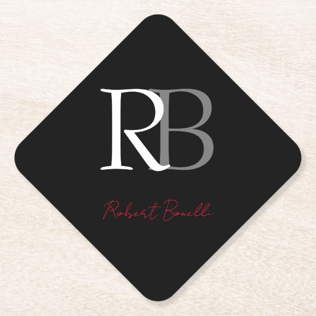 Plain Modern Black Red Monogrammed Initials Name Paper Coaster (Front)
