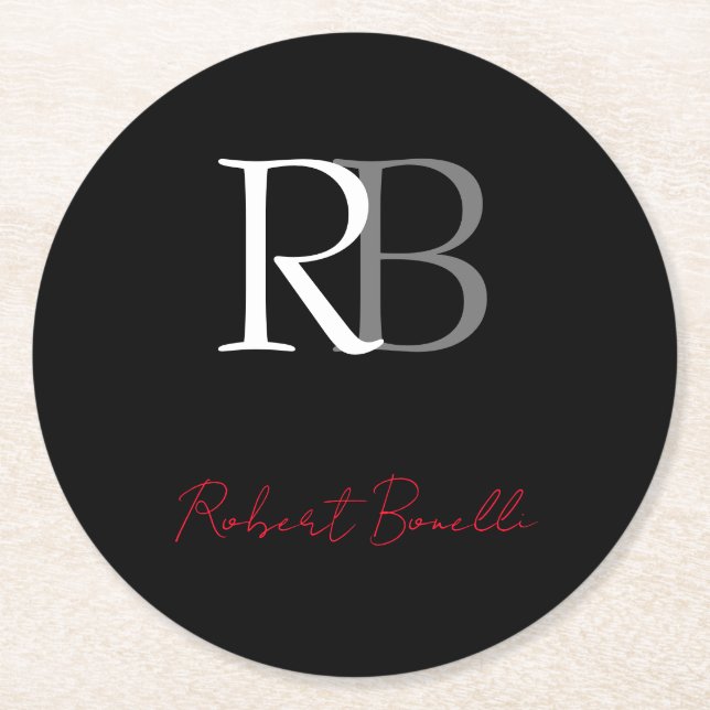 Plain Modern Black Red Monogrammed Initials Name Round Paper Coaster (Front)