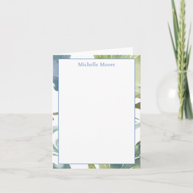 Plain Modern Minimalist Name Floral Note Card (Front)