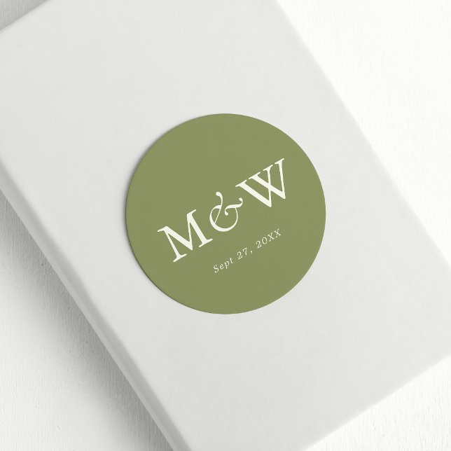 Plain Modern Moss Green Classic Monogram Wedding Round Sticker (Creator Uploaded)