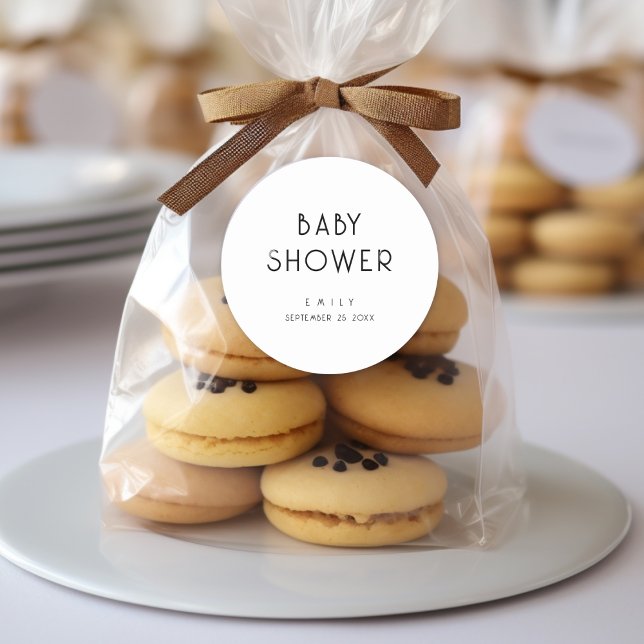 Plain Modern Text Black and White Baby Shower Classic Round Sticker (Creator Uploaded)