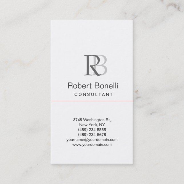 Plain Modern White Grey Monogram Business Card (Front)