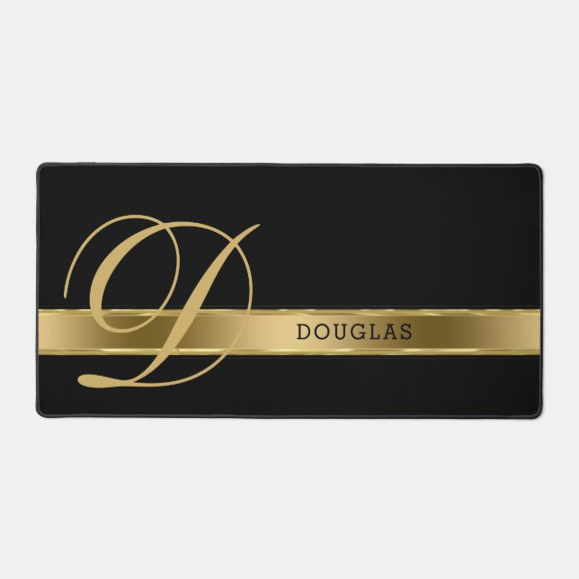 Plain Monochromatic Black With Gold Stripe Desk Mat (Front)