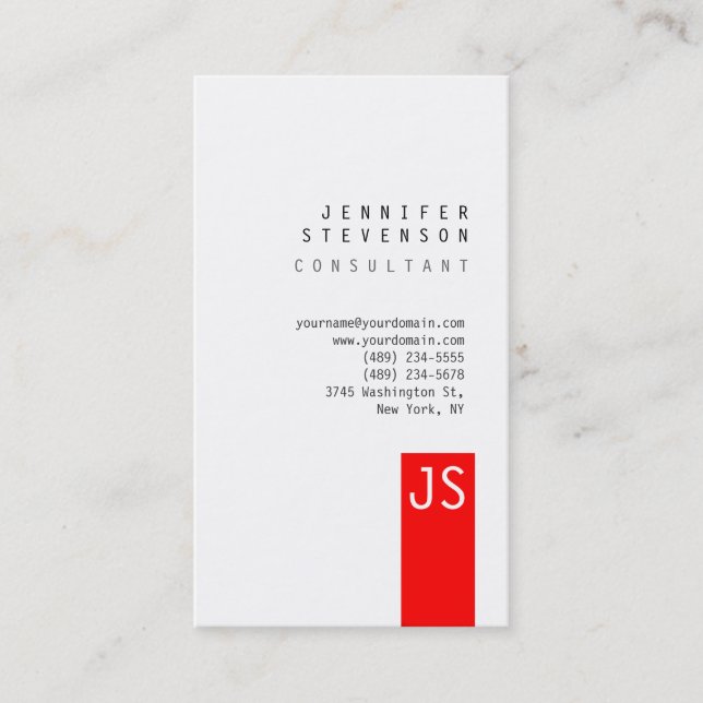 Plain Monogram Red Vertical Clean Business Card (Front)