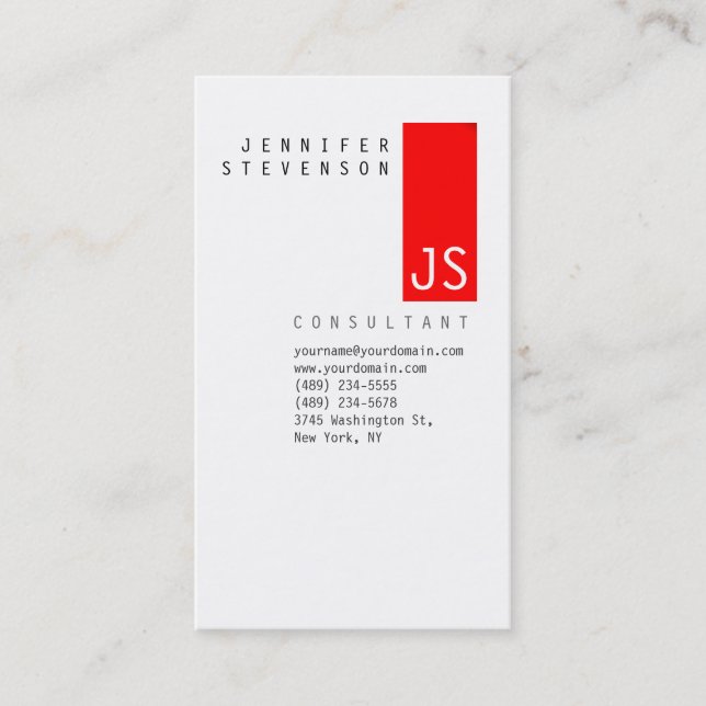 Plain Monogram Red Vertical Clean Business Card (Front)