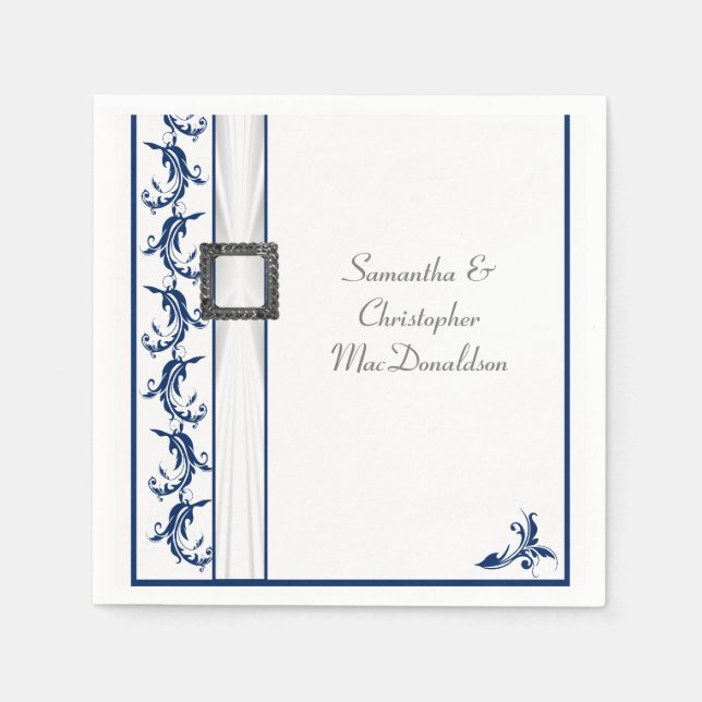 Plain navy blue and white lace traditional wedding napkin (Front)