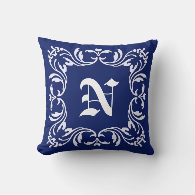 Plain Navy blue background | Damask Monogram Cushion (Front)