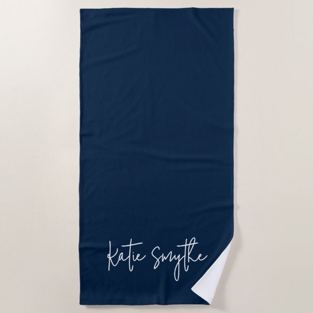 Plain Navy Blue Script Name Summer Beach Towel (Front)