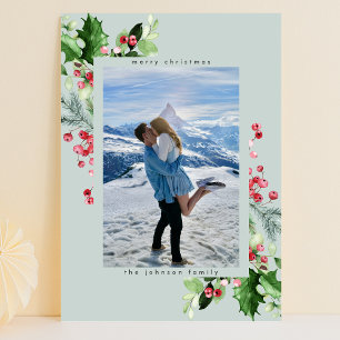Plain Neutral Watercolor Lush Holly Christmas Holiday Card