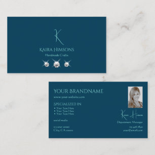 Plain Ocean Blue with Monogram Photo and Jewels Business Card