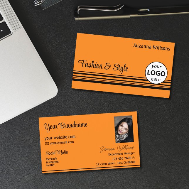 Plain Orange Black Stripes with Logo and Photo Business Card (Creator Uploaded)