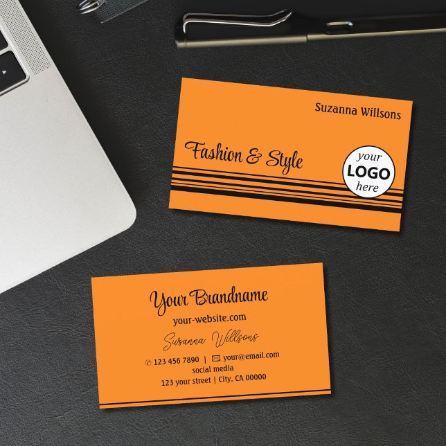 Plain Orange Black Stripes with Logo Professional Business Card (Creator Uploaded)