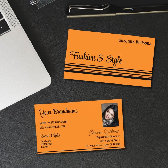 Plain Orange Black Stripes with Photo Professional Business Card (Creator Uploaded)