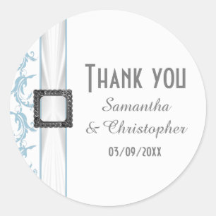 Plain pastel blue and white lace thank you classic round sticker