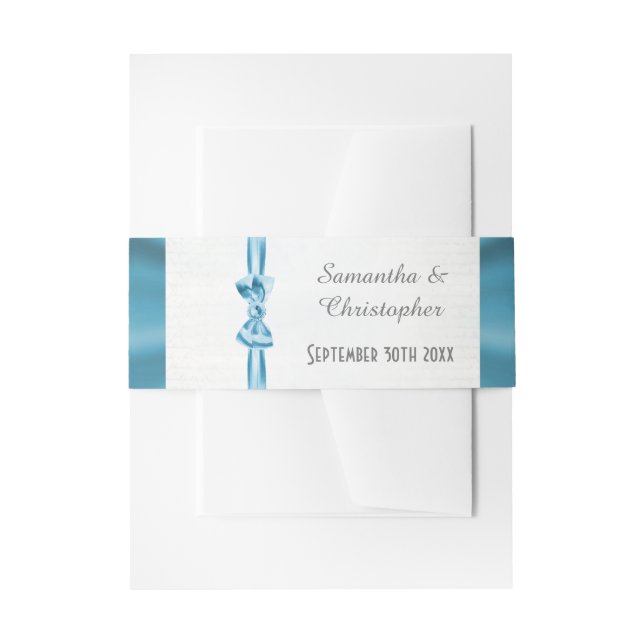 Plain pastel blue turquoise ribbon  wedding invitation belly band (Front Example)