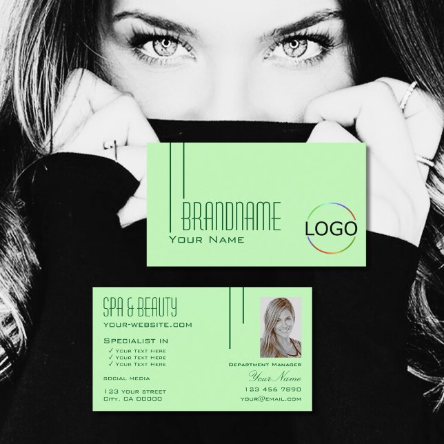 Plain Pastel Green with Logo & Photo Professional Business Card (Creator Uploaded)