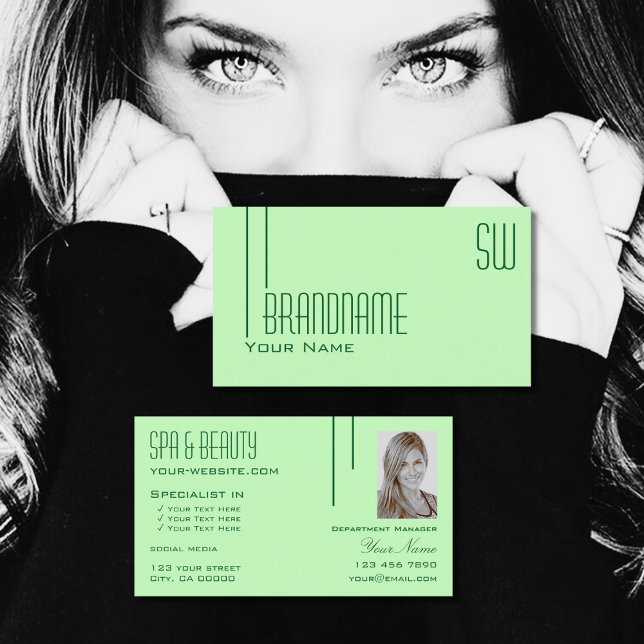 Plain Pastel Green with Monogram and Photo Modern Business Card (Creator Uploaded)