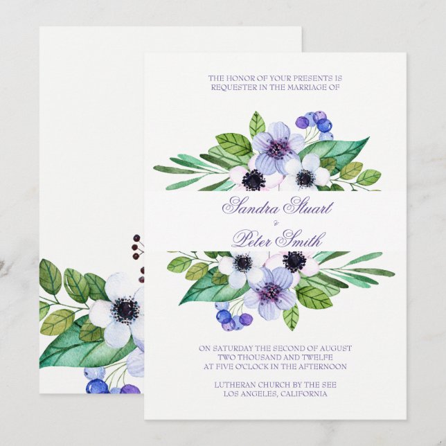 Plain Purple And Pink Flowers Wedding Invitation (Front/Back)
