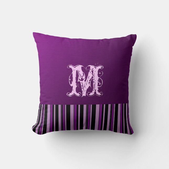 Plain Purple Background. Monogram Retro Stripes Cushion (Front)