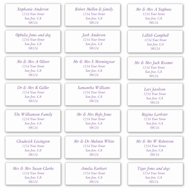 Plain Purple Text Recipient Address Labels (Front)