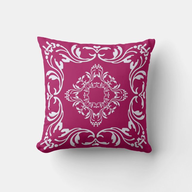 Plain Rubine Red Background | White Damask Pattern Cushion (Front)