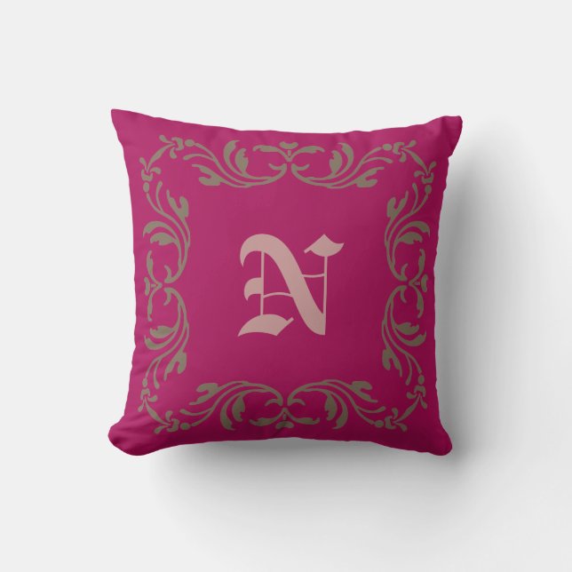 Plain Rubine red. Vintage floral monogram Cushion (Front)
