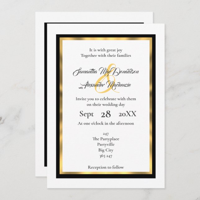 Plain simple black and gold border wedding invitation (Front/Back)