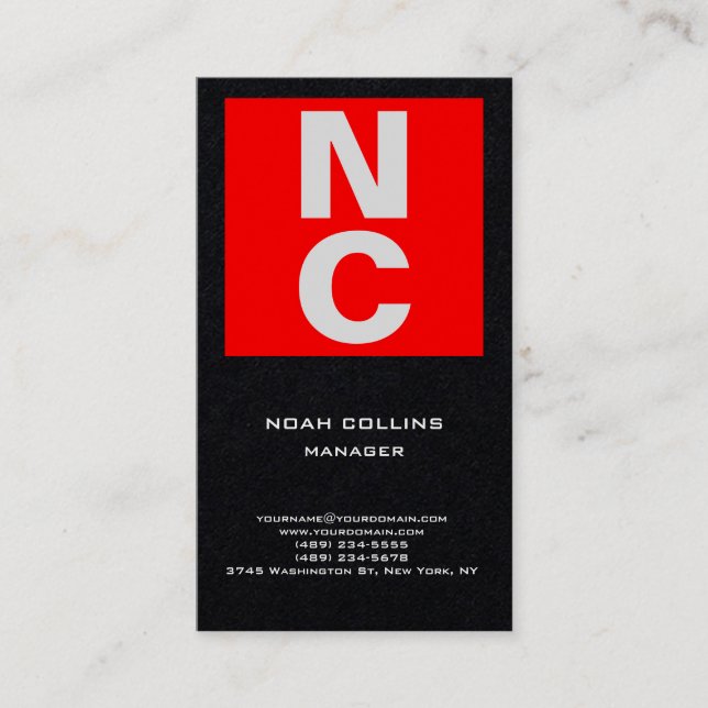 Plain simple black red professional bold monogram business card (Front)