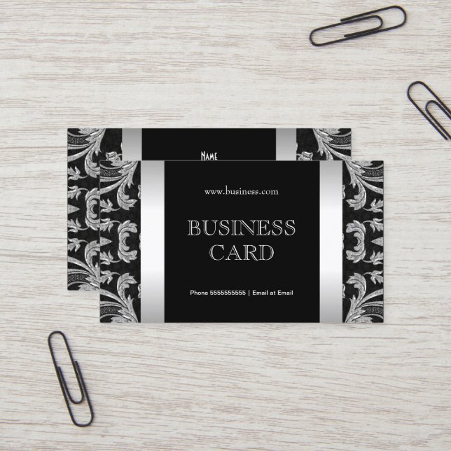 Plain Simple Silver Black Floral Damask 2 Business Card (Front/Back In Situ)