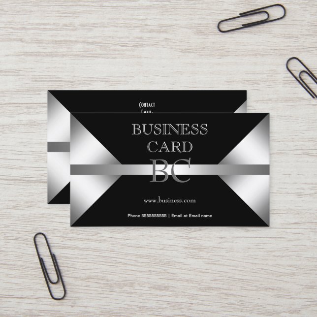 Plain Simple Silver Black Monogram 4C Business Card (Front/Back In Situ)