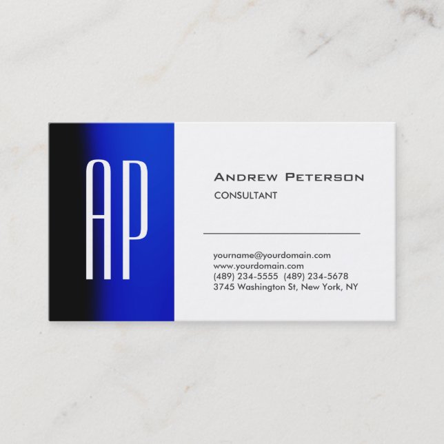 Plain White Blue Trendy Monogram Business Card (Front)
