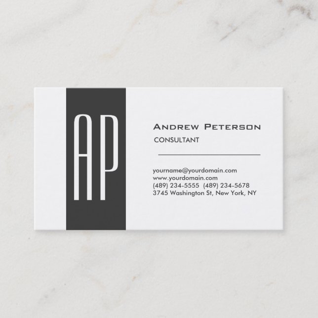 Plain White Grey Stripe Monogram Business Card (Front)