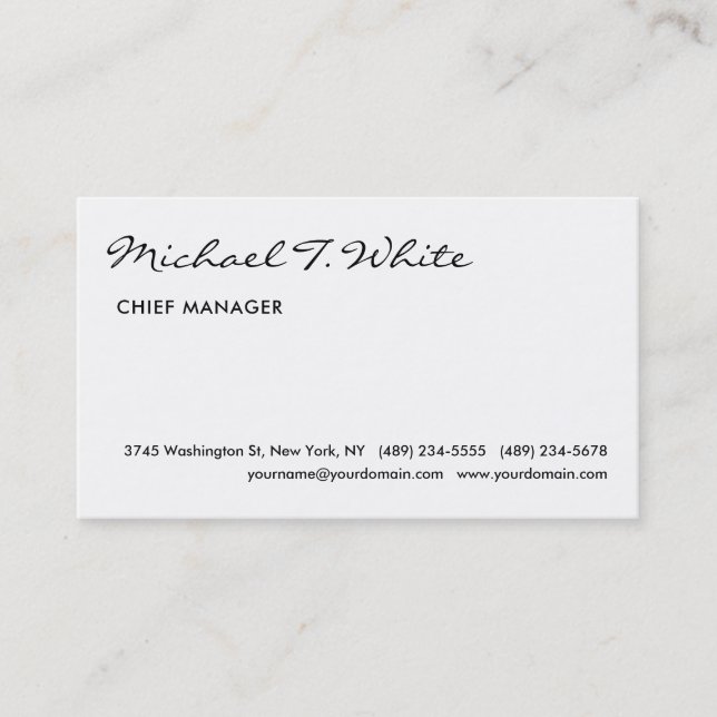 Plain White Modern Script Minimalist Professional Business Card (Front)