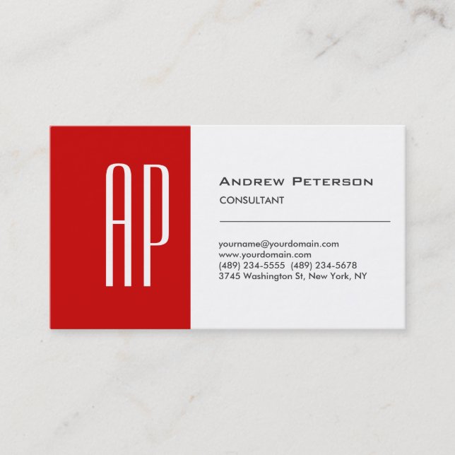 Plain White Red Stripe Monogram Business Card (Front)
