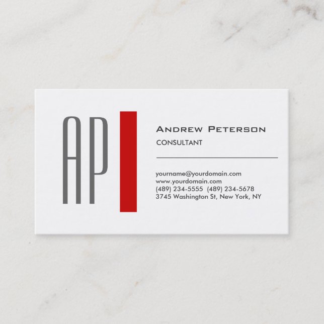Plain White Red Trendy Monogram Business Card (Front)