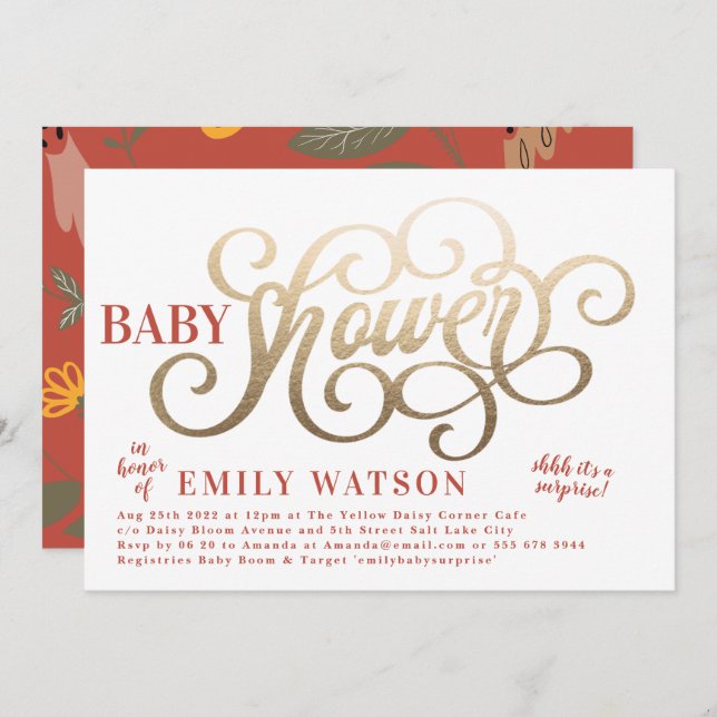 Plain White Rustic Country Gold Foil Baby Shower Invitation (Front/Back)
