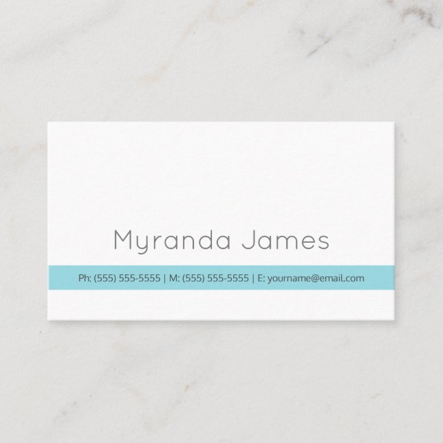 Plain White Simple Aqua Stripe Minimal Contact Business Card (Front)