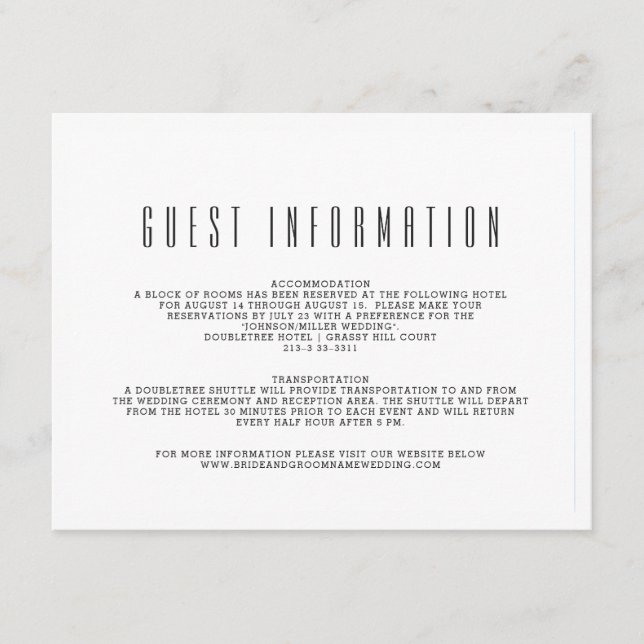 Plain White | Wedding Guest Information Enclosure Card (Front)