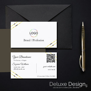 Plain White with Gold Lines Logo and QR Code Business Card