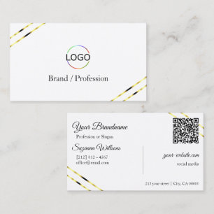 Plain White with Gold Lines Logo and QR Code Business Card
