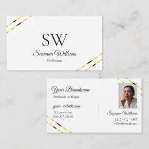 Plain White with Gold Lines Monogram and Photo Business Card