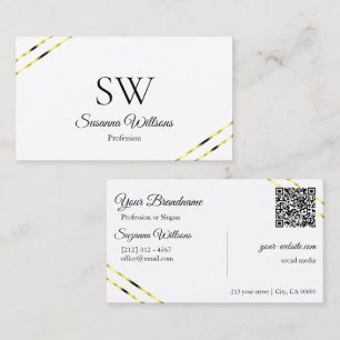 Plain White with Gold Lines Monogram and QR Code Business Card