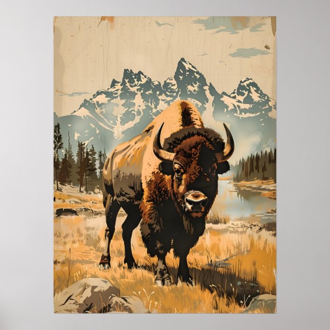 Plains Majesty: Vintage Bison Illustration Poster (Front)