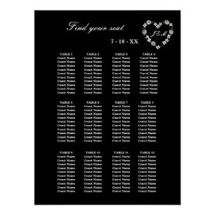 Plan de table florale noir et blanc cœur  12  poster