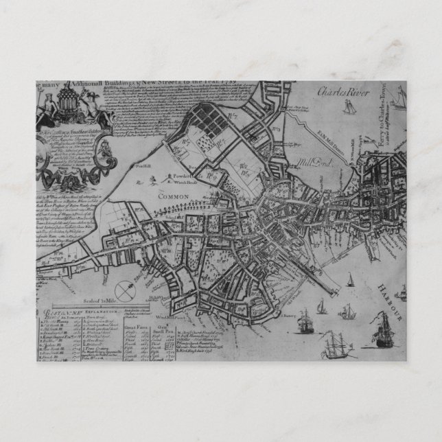 Plan of Boston, New England, 1739 Postcard (Front)