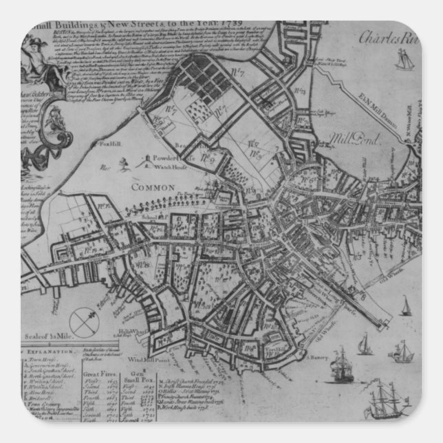Plan of Boston, New England, 1739 Square Sticker (Front)