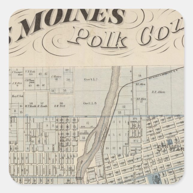 Plan of Des Moines, Polk County, Iowa Square Sticker (Front)