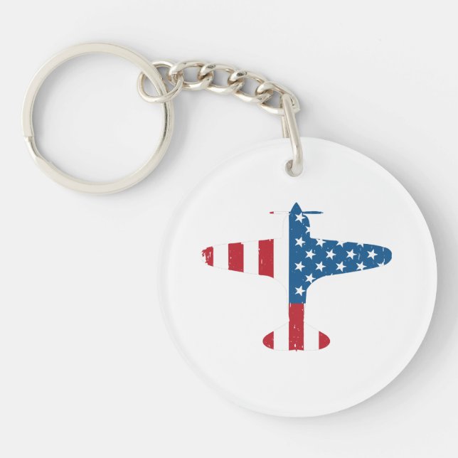 Plane Aircraft USA Flag Veteran Pilot Gift Key Ring (Front)