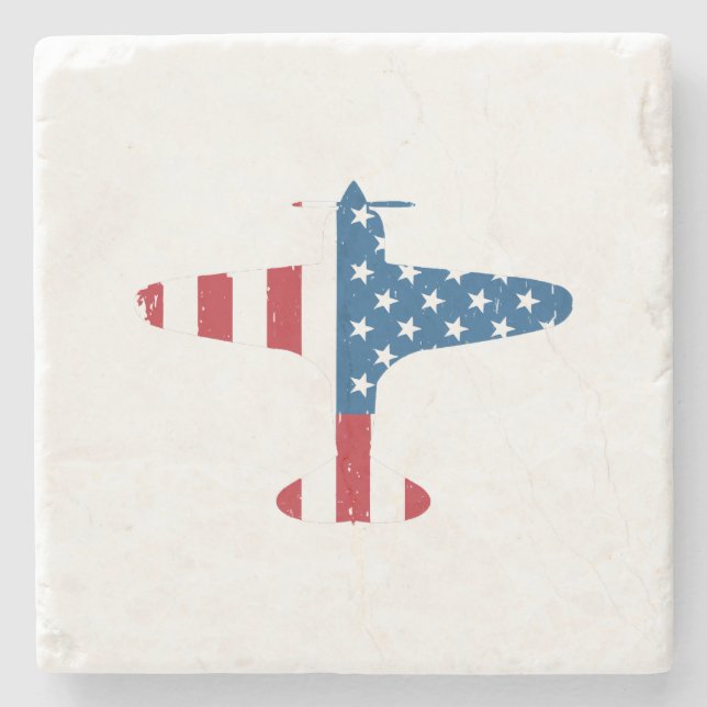 Plane Aircraft USA Flag Veteran Pilot Gift Stone Coaster (Front)